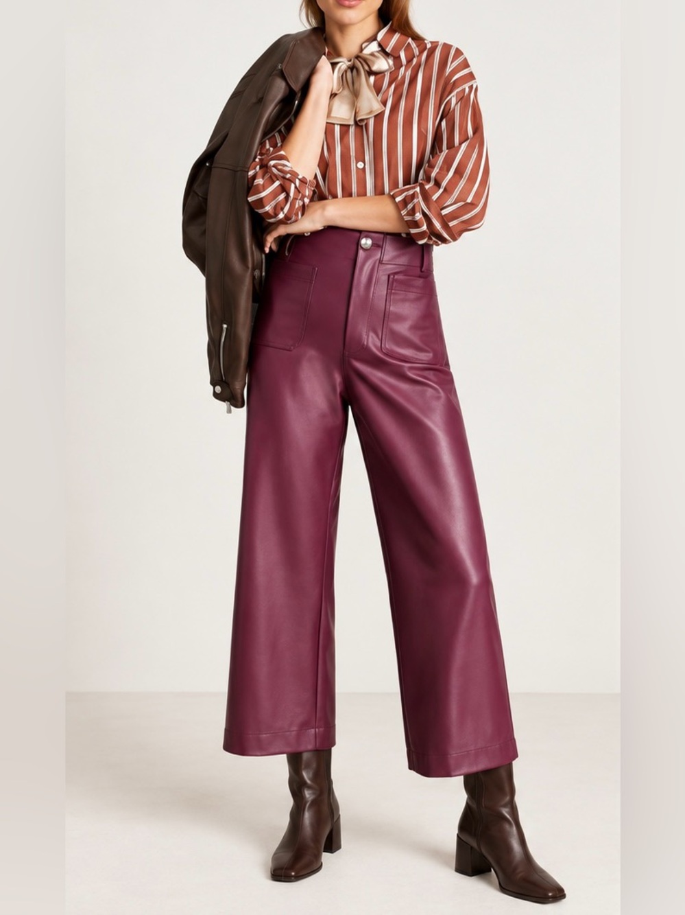 Maeve Anthropologie The Colette Faux Leather Pants 28 Burgundy Wide Leg EUC